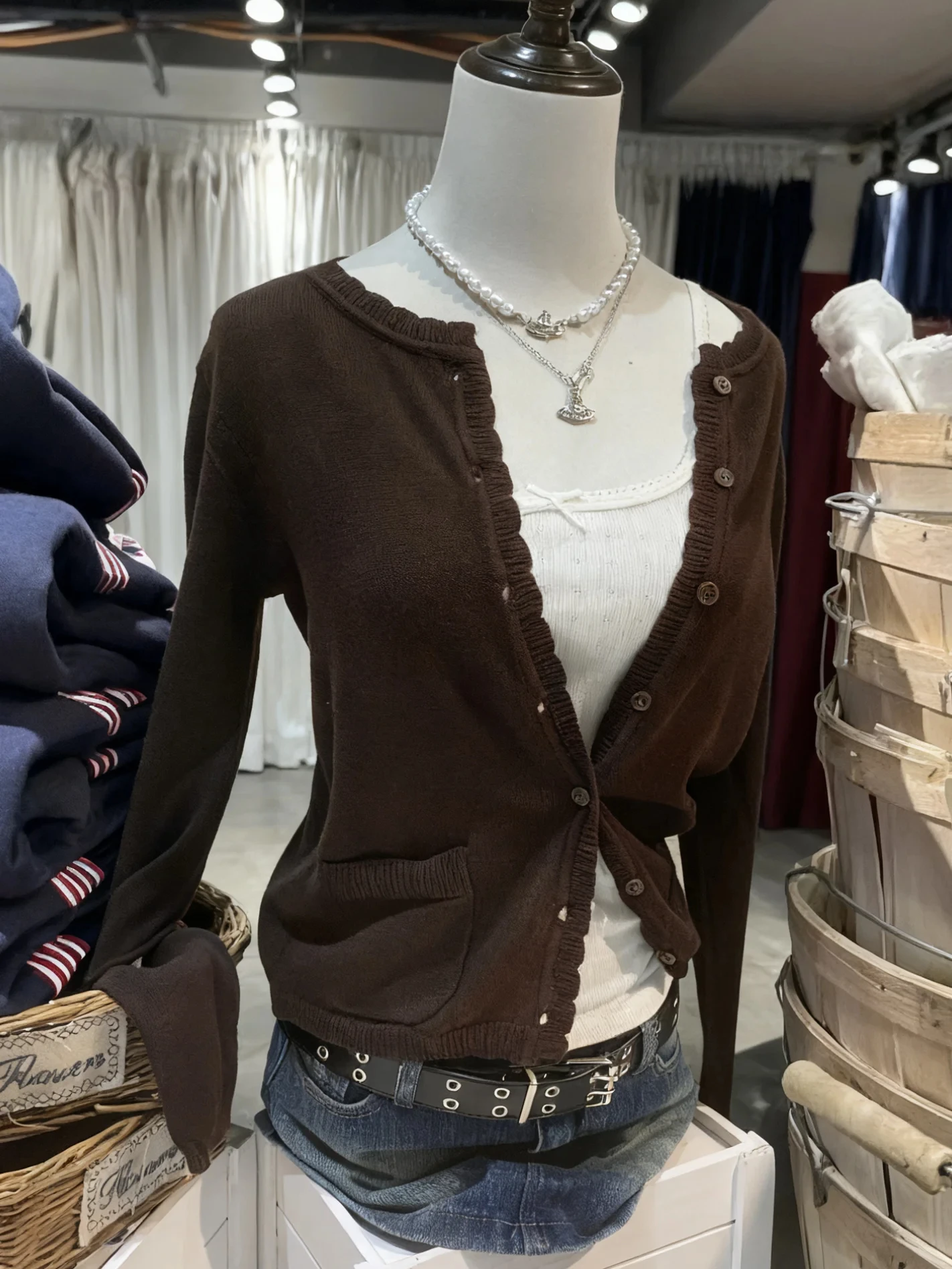 جيوب البني محبوك سترة سترة الخريف س الرقبة القطن ضئيلة طويلة الأكمام البلوزات النساء نمط Preppy الصلبة الحلو تريكو