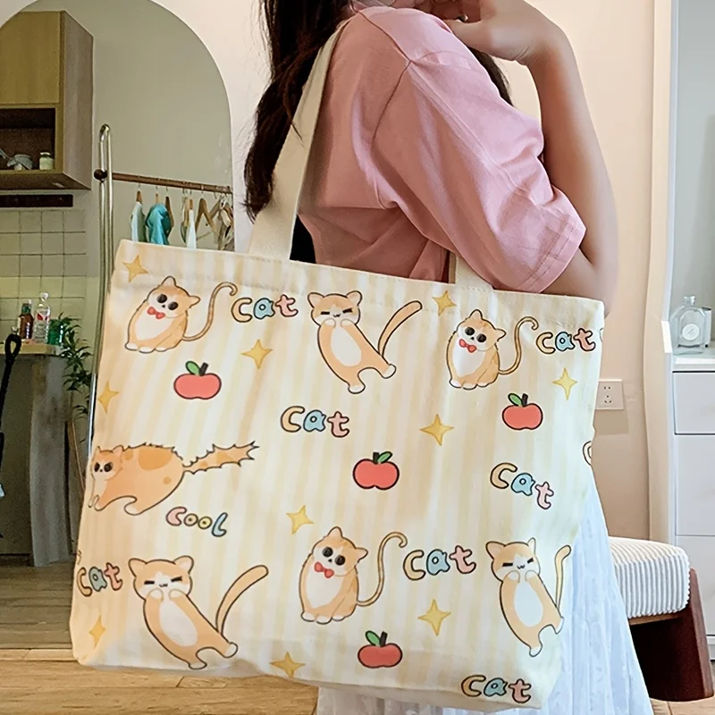 

Original Cute Cat Canvas Bag, Women's New Large Capacity Zipper Shoulder Bag, Student Commuter Bag