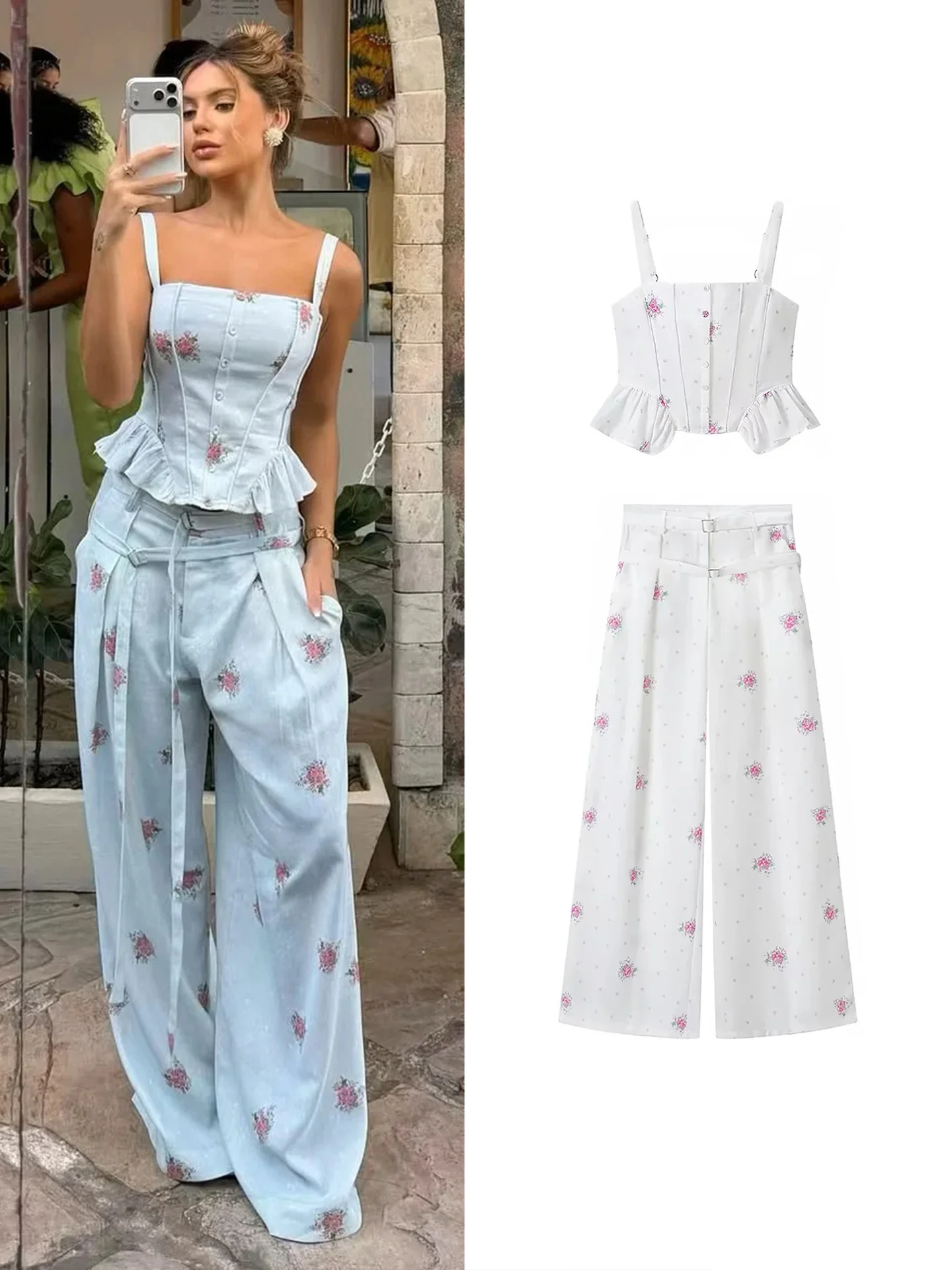 Autumn New Women's Fashion Set Wide Leg Pants Long Print Casual Sleeveless Small Square Collar Button Decoration Belt