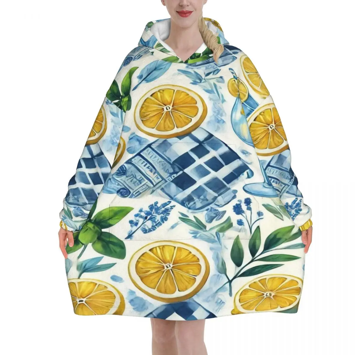 Lemon Sicily Rectangle Blanket Hoodie Wearable Blanket Large with Pocket Warm Sleeping Bag Soft Cozy Onesie