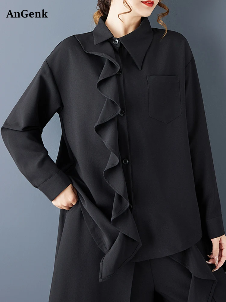 

Asymmetrical Spliced Ruffles Vintage Shirt Women New Long Sleeve Loose Casual Blouse Top Fashion Clothing Spring Autumn 2025