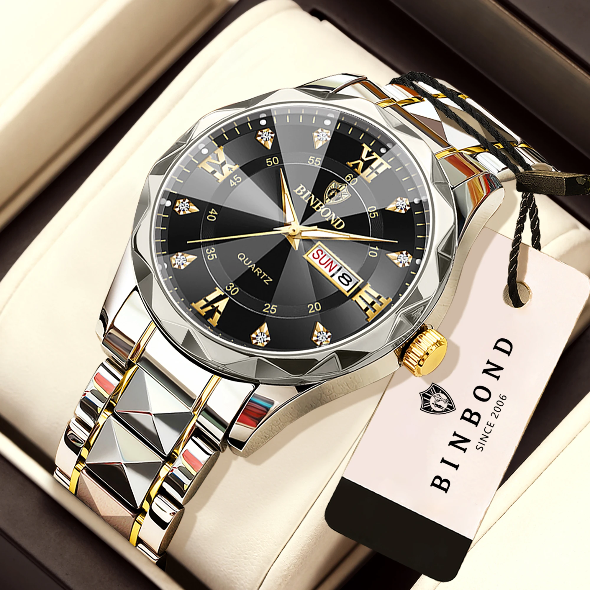 BINBOND Quartz Watches For Men Luxury Luminous Waterproof Men's Wristwatches Reloj Hombre Stainless Steel Man Watch Gift For Him