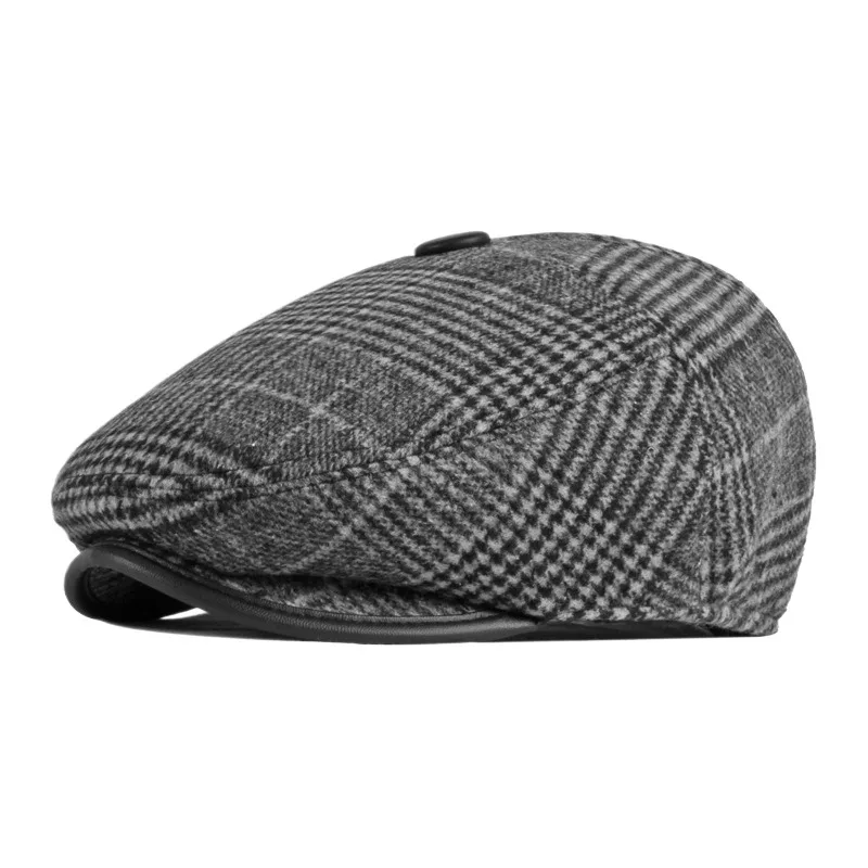 

Hat Men's Autumn And Winter Earmuffs Warm Hat Retro Casual Plaid Beret Middle-aged And Elderly Peaked Cap Dad Cotton-padded Cap