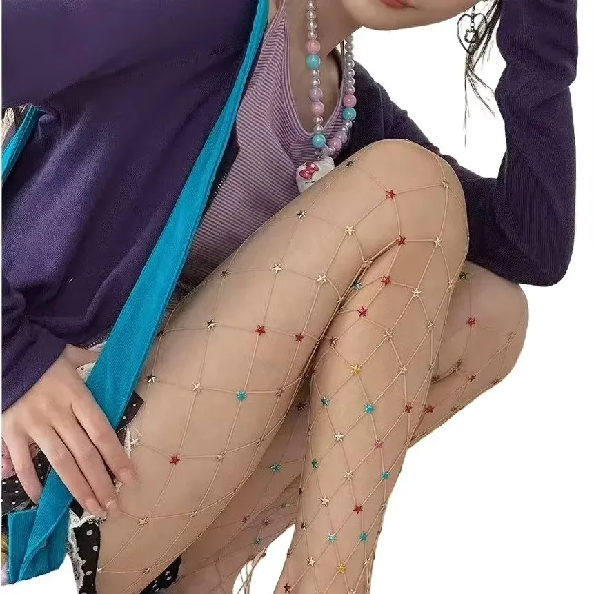 Bunte Stern-Diamant-Netzstrümpfe Sexy Damen Strass-Strumpfhosen Modische Punkte-Strumpfhose Dünne Strumpfhosen für Damen-Partys