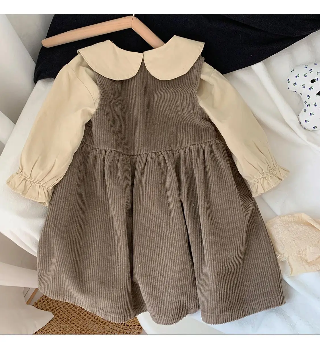 Baby Girls Sleeveless Dress Spring and Autumn New Baby Corduroy Dress Children\'s Lapel Loose Dress+T-shirt Set Kids Clothing Set