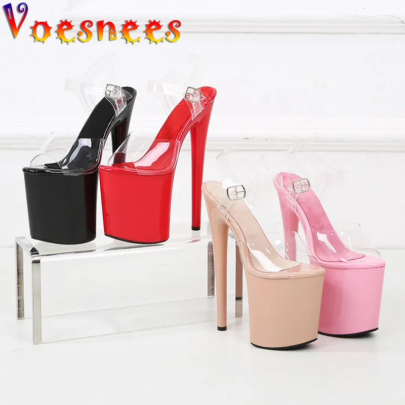 

Woman 20CM Summer Thin High Heels Sandals Waterproof Platform PVC Buckle Strap Dress Wedding Shoes Club Party Stage Women Pumps