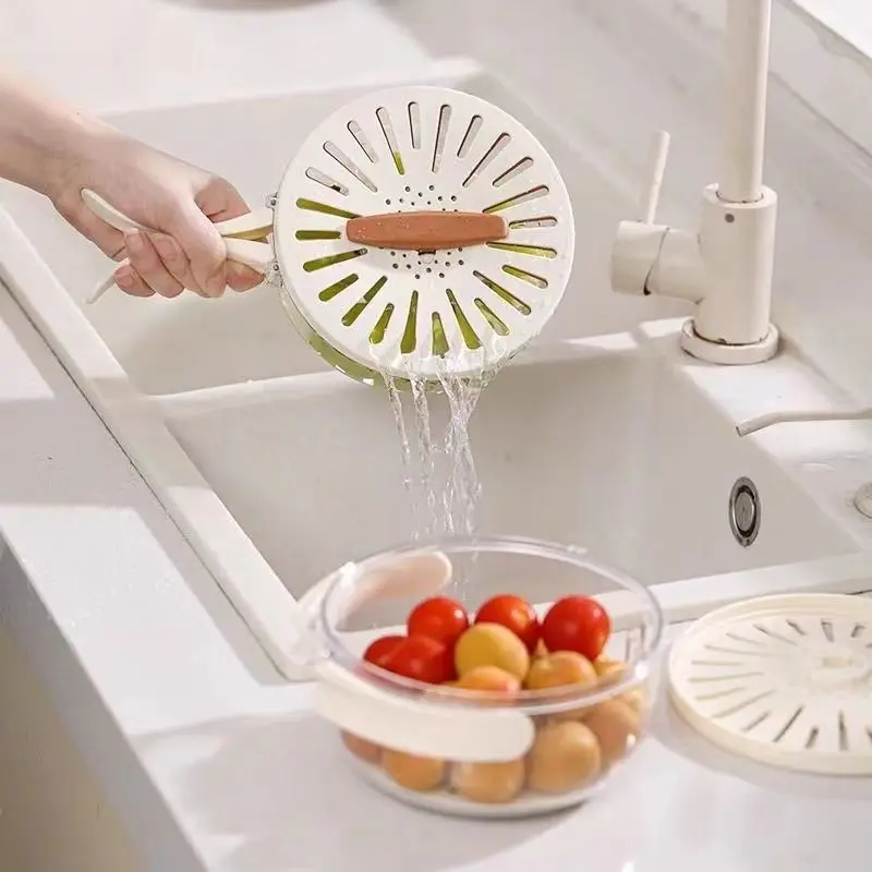 2-in-1 Foldable Fruit Drainage Basket Fruit Preservation Box with Lid Vegetable Washing Bowl Handle Cleaning Colander