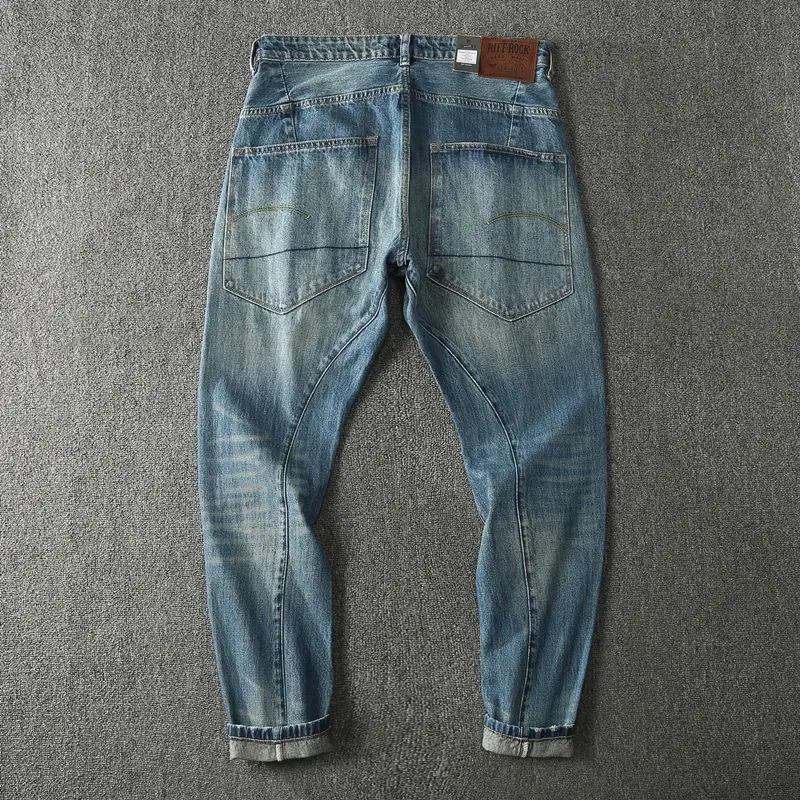 

Мужские джинсы Slim Fit с эффектом потертости, прямые, 3D-крой, винтажные, синие, повседневные, с высокой талией, длинные брюки