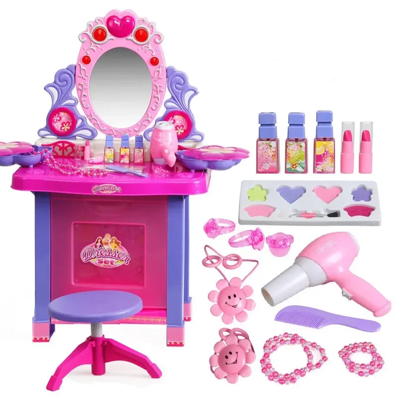 

70cm High Quality music Kids Cosmetics Dressing table ring lipstick nail comb hair dryer Play house Interactive Toy baby gift