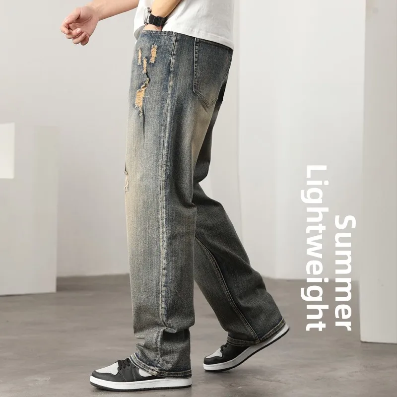 

Винтажные мужские джинсы Waed out, летние тонкие прямые свободные джинсы с широкими штанинами, большие размеры, хлопок 00%