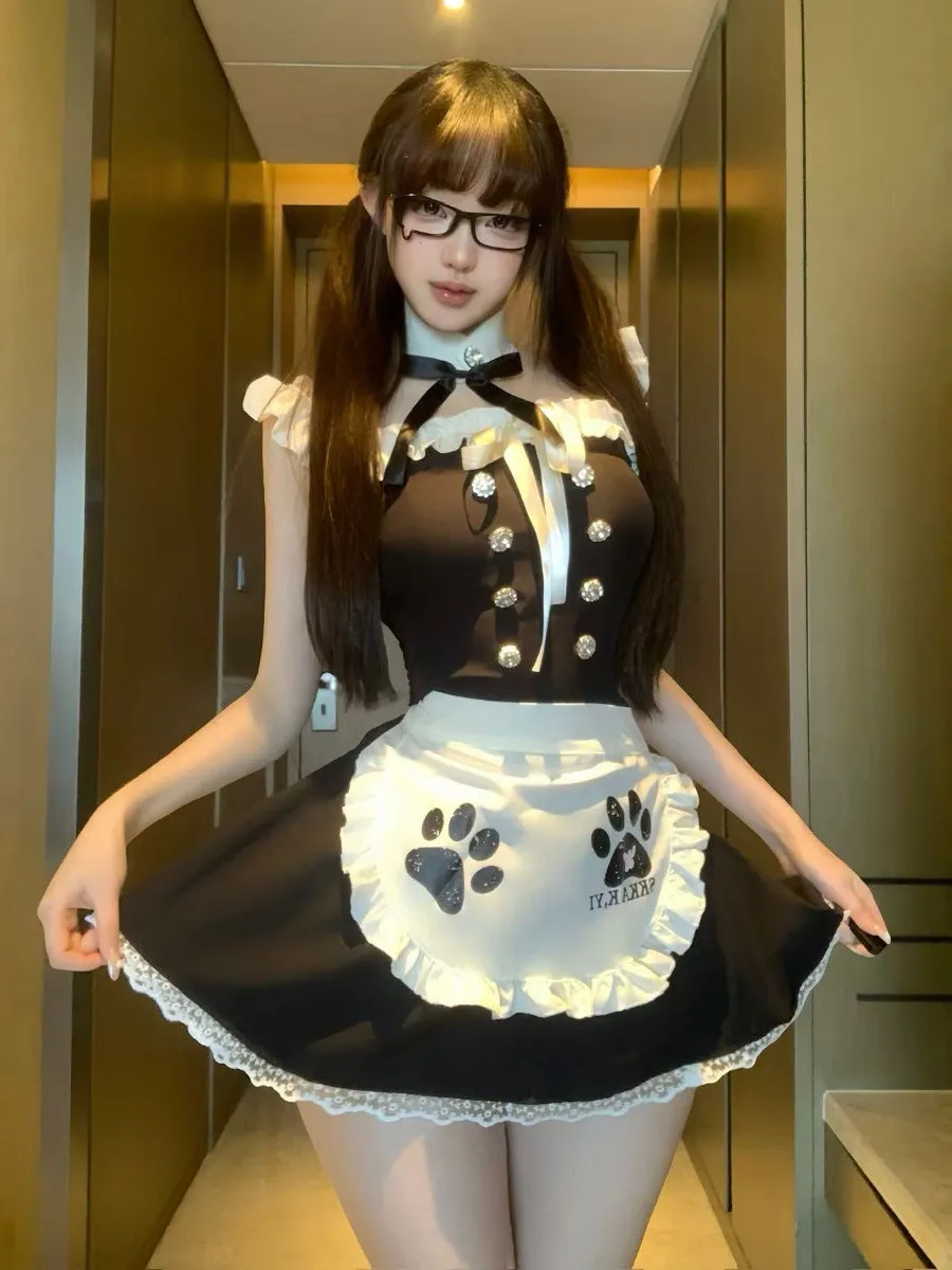 Sexy Black White Splice Color Lace Trim Top Apron Belted Uniform Set Sweet Girl Fashion Ensemble Short Sleeve Square Collar