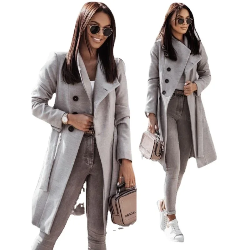 

Woolen Coat Pure Color Belted Mid-Length Outerwear Autumn Winter New Style Women's