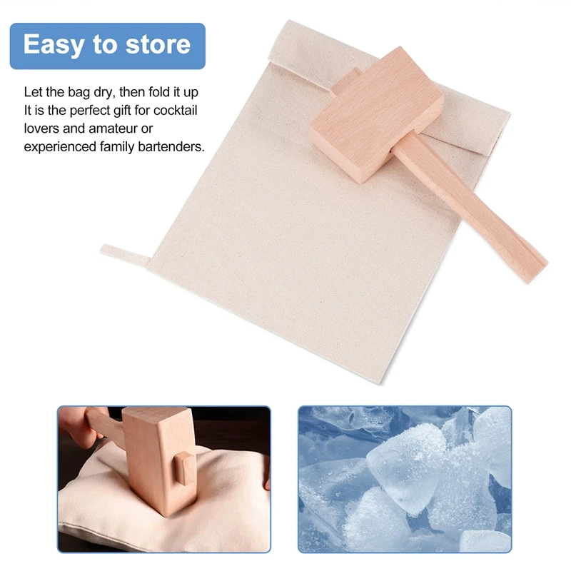 Pack Of 2 Lewis Bags And 1 Piece Ice Mallet Set-Reusable Canvas Crushed Ice Bags With Wooden Mallet For Home Party Bar