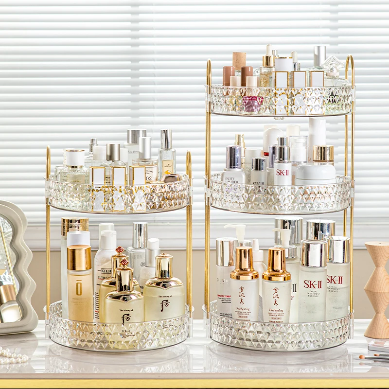 Rotating Cosmetic Organizer 3 Tier Transparent Diamond Pattern Cosmetic Rack Bathroom Cosmetic Vanity Organizer Countertop