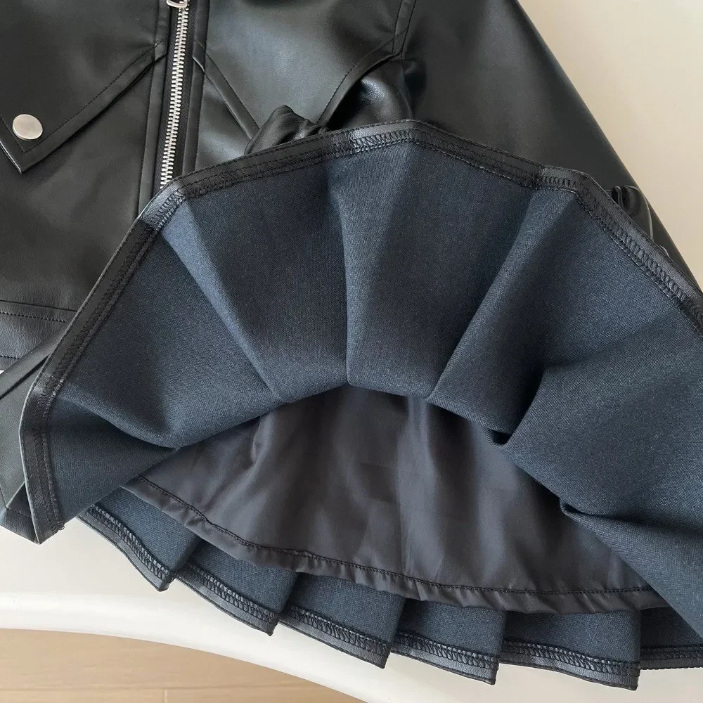 Herbst Neue Einfarbig Mädchen Mode Anzug Kragen Leder Jacke Zipper Mantel + falten Rock Zwei Stück Set Koreanische version – Detail 7