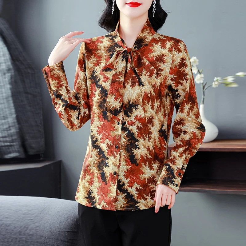 Camicette stampate stile Hong Kong da donna Top streetwear alla moda Camicia casual in chiffon a maniche lunghe allentata con fiocco vintage