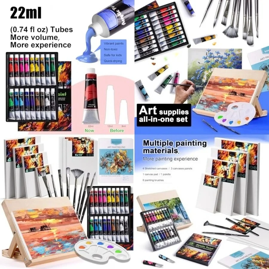 

Acrylic Art Set with 18 Acrylic Paints, 8 Brushes, 4 Stretched Canvas, 1Wooden Easel, Etc, Premium Painting Supplies Kit for Students, Artists Kids, Adults, and Beginner