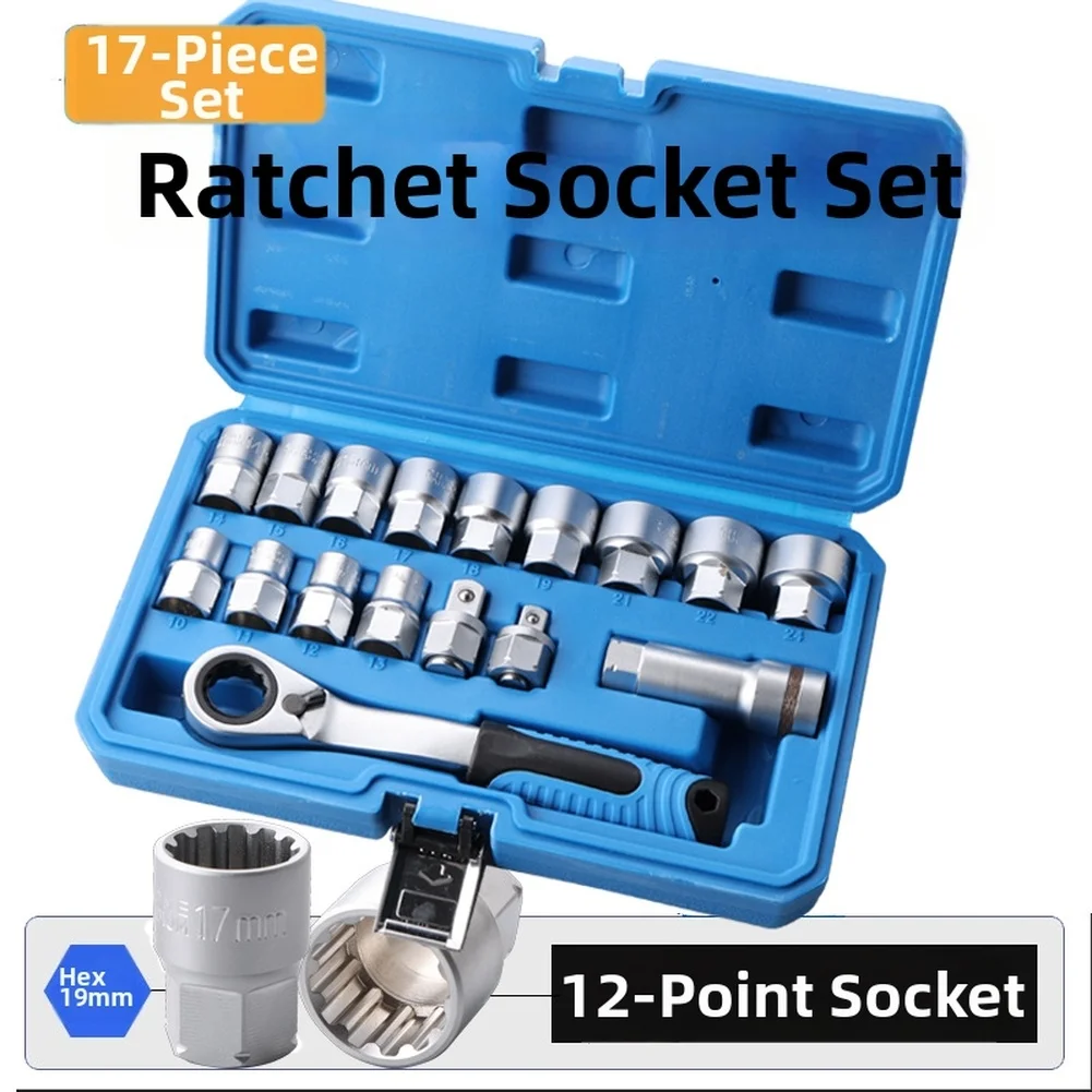 17PCS 12 Point Drive Socket Wrench Kit with Ratcheting Mechanism Extension Bar and Bits for Broad Tool Compatibility