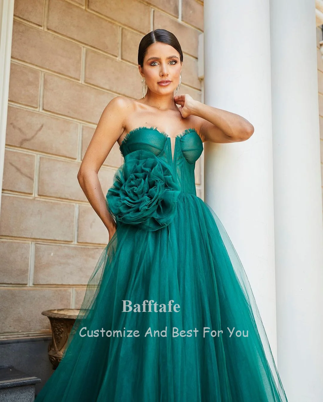 Bafftafe A Line Green Tulle Prom Dresses 3D Flower Formal Special Party Dress Floor Length Long Evening Gowns Customized