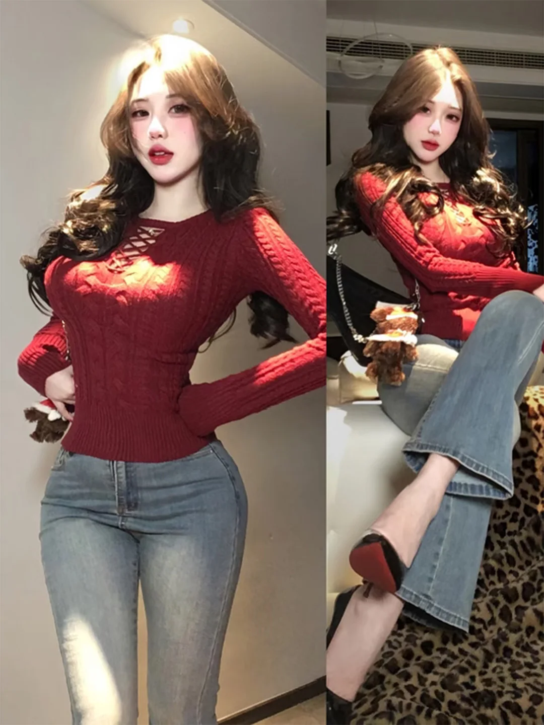 

Red Hollow out Knitted Sweater Women's Autumn Winter Slimming Design Sweet And Spicy Girl Pure Desire Top for New Year