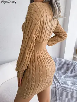 VigoCasey 2025 V-ringad casual kort stickad klänning höst vinter kvinnor enfärgad långärmad klänning dam khaki bodycon stickade klänningar 10 best sales Knit maxi - №10