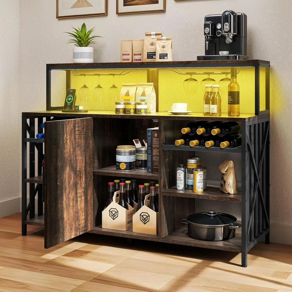 47" Bar Table Cabinet with Power Outlet and LED Lights Wine Rack Storage Buffet with Glass Holder Liquor Cabinet for Dining Roo