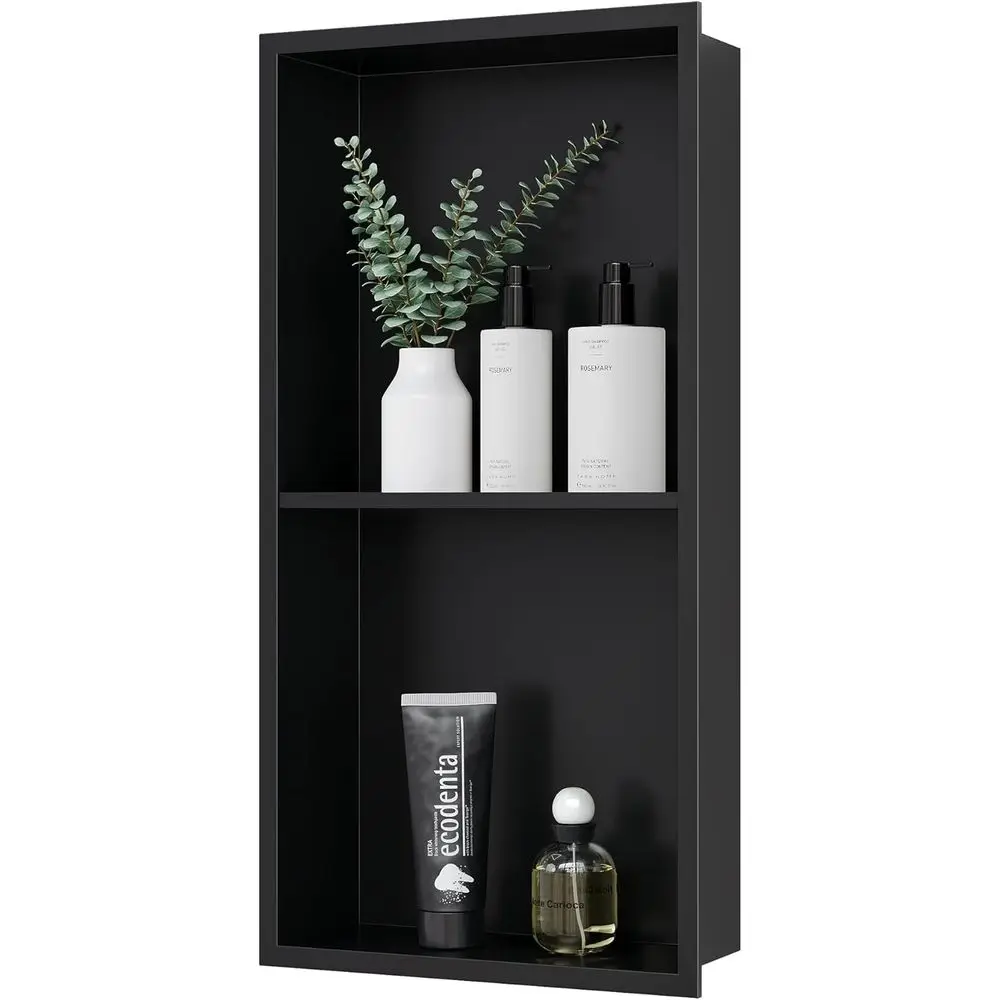 12x24 Matte Black Stainless Steel Shower Wall Double Shelves for Recessed Bathroom Storage