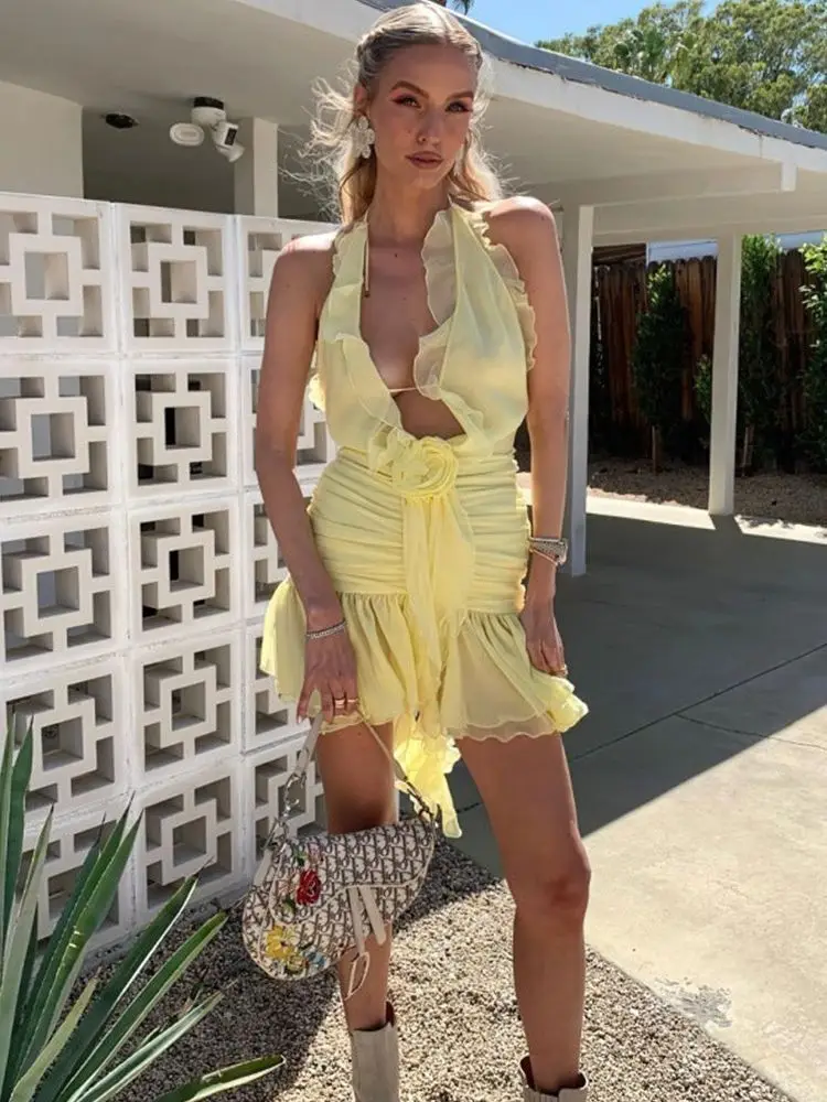 

Light Yellow Color Ruffles Sexy V-Neck Sleeveless Halter Mini Dress Graceful Woman Evening Party Outfit Beach Vocation Vestido