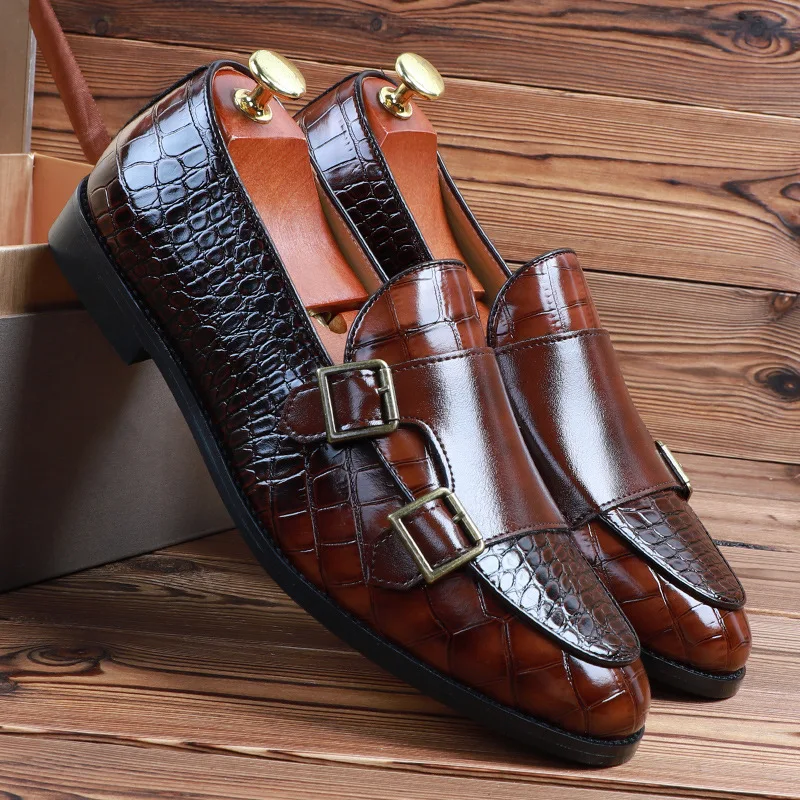 Luxury Business Men Monk Shoes Double Buckle Crocodile Print Wedding Party Office PU Leather Shoes Brown Pointed Toe Loafer