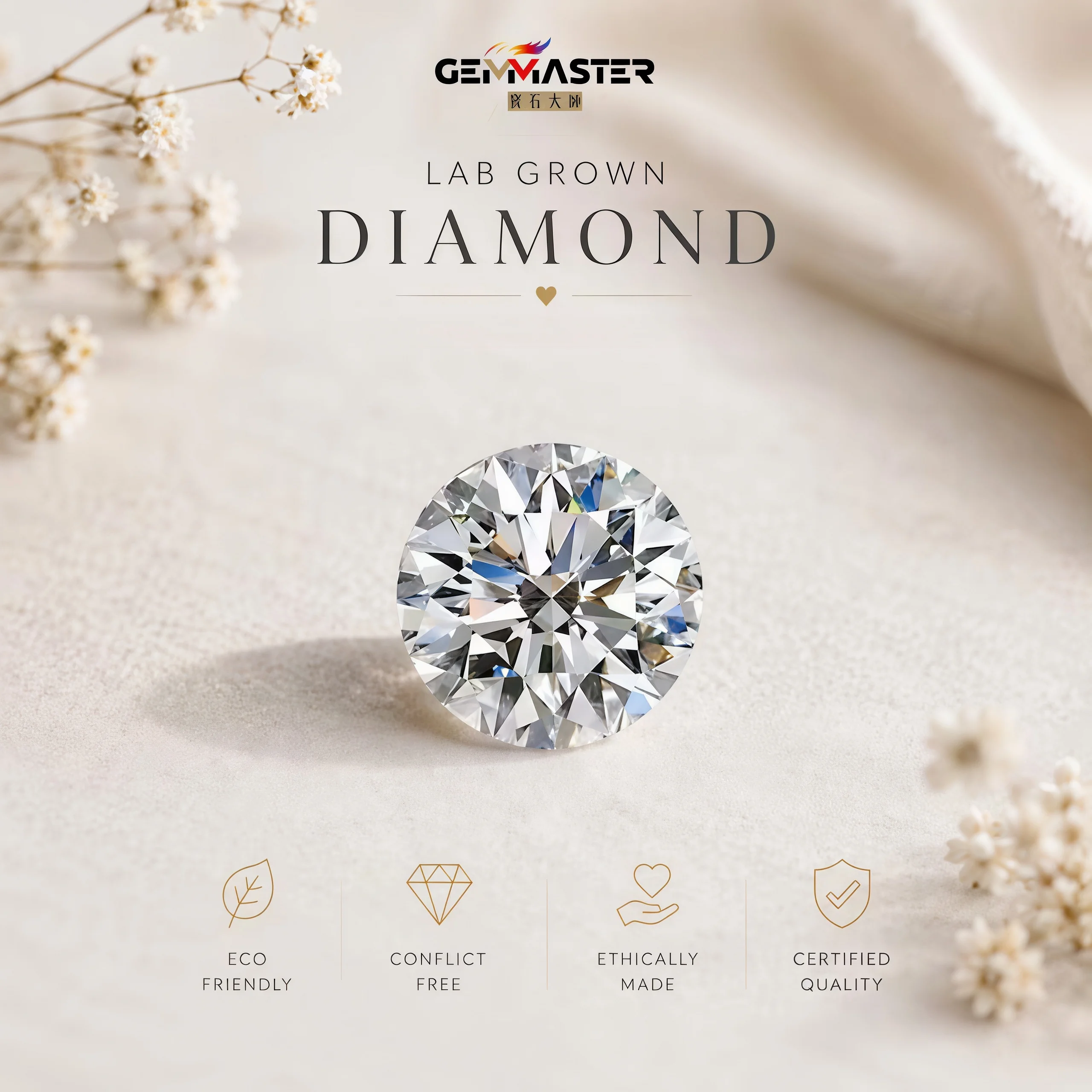 Round 3EX Cut Lab Grown Diamond D-F Color VVS CVD HPHT Synthetic Diamond 0.3-3CT IGI Certified Lab Diamond Loose