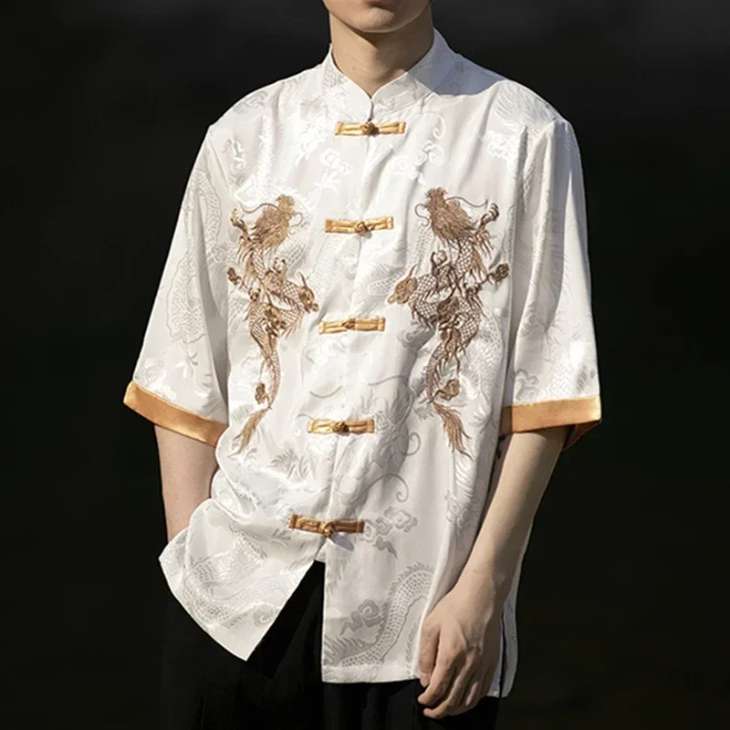 High Quality Summer Chinese Traditional Dress Dragon Embroidery Shirt Men Clothing Ice Silk Half Sleeve Vintage Tops Plus Size