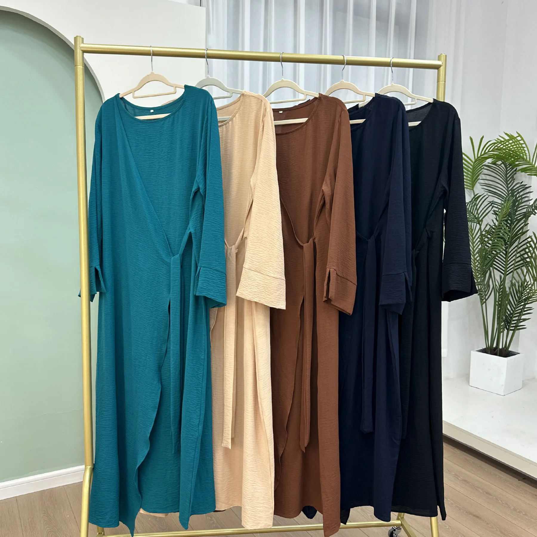 Wrap Tie Abaya Women Muslim Dress Wide Sleeves Split Cuffs Islamic Clothing Casual Dubai Turkish Gown Modesty Ramadan Summer