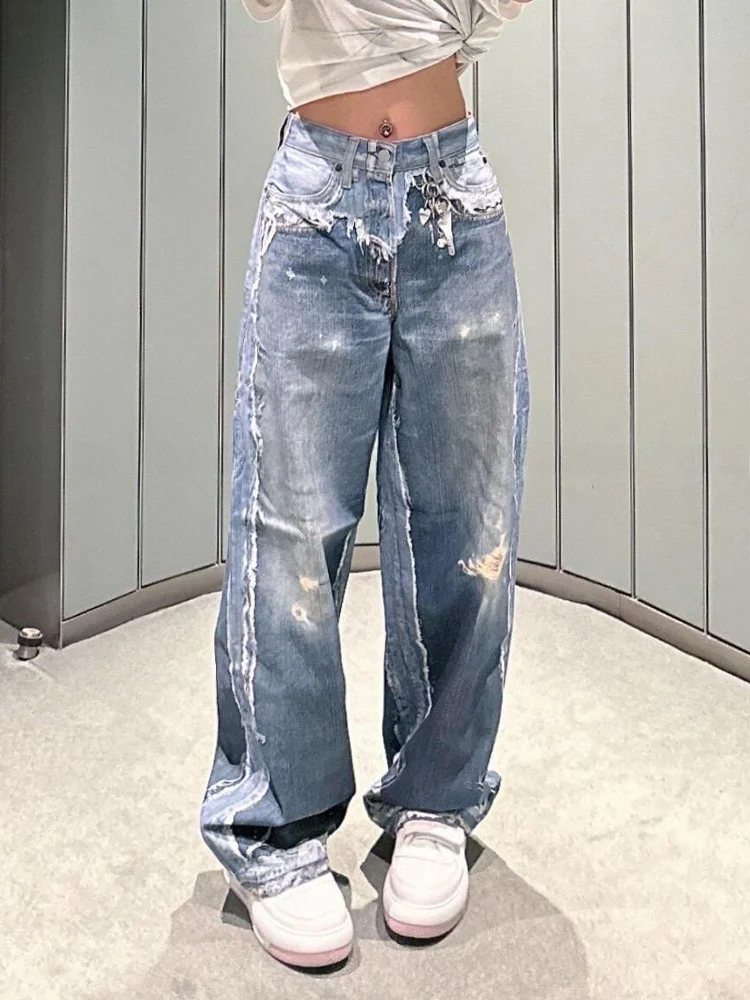 

American High Street Design 3D Illusion Printed Wide Leg Jeans Women Summer Spicy Individual Heavy Duty Floor Length Pants