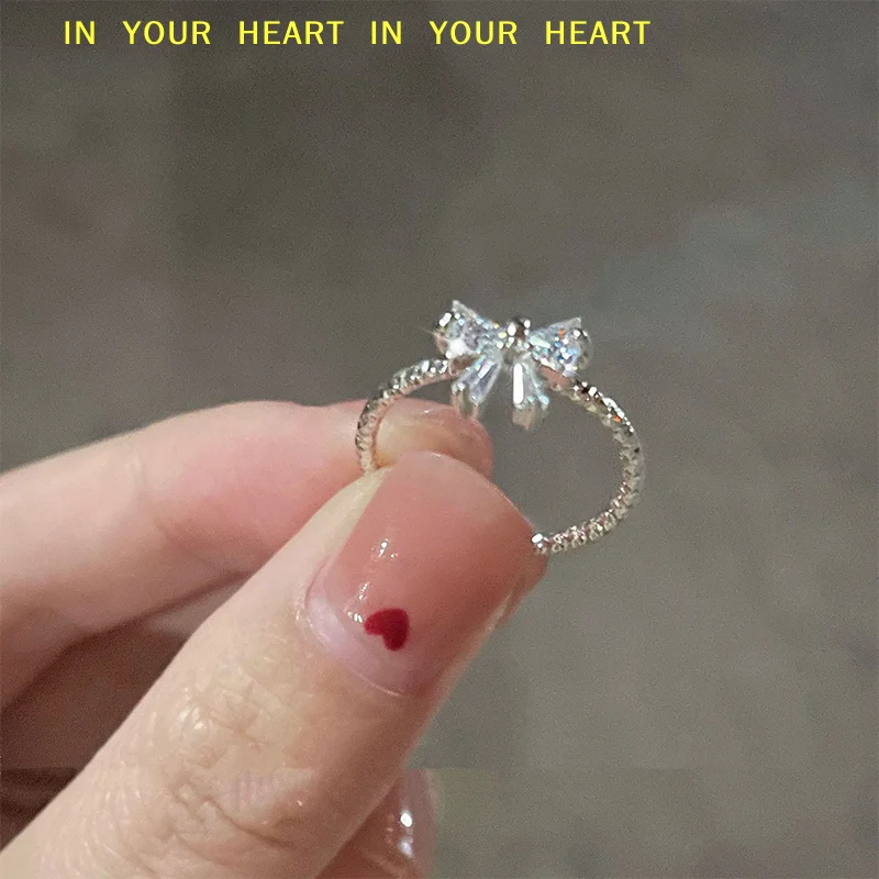 【X】Female With Shiny Bow Ring For Women Adjustable Ring Sweet Girly Heart Ring New Arrived Romantic Lovely White Bowknot Rings