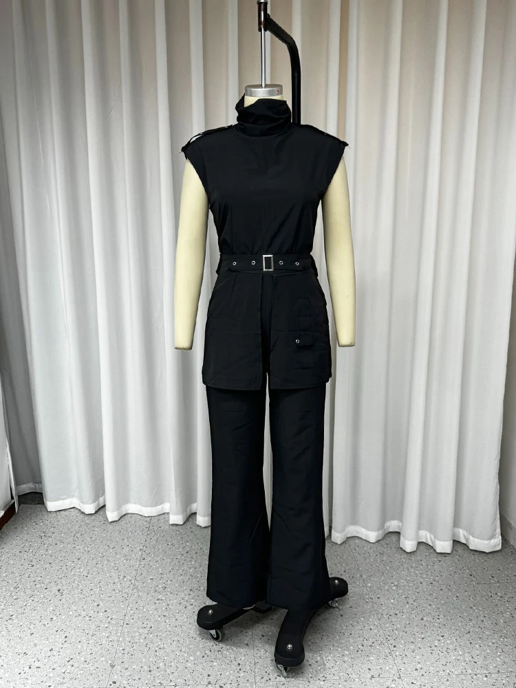 GALCAUR Office Solid Sets Women Stand Collar Sleeveless Spliced Belt Cutout Top High Waist Long Pant Suits Female 2024 Clothing