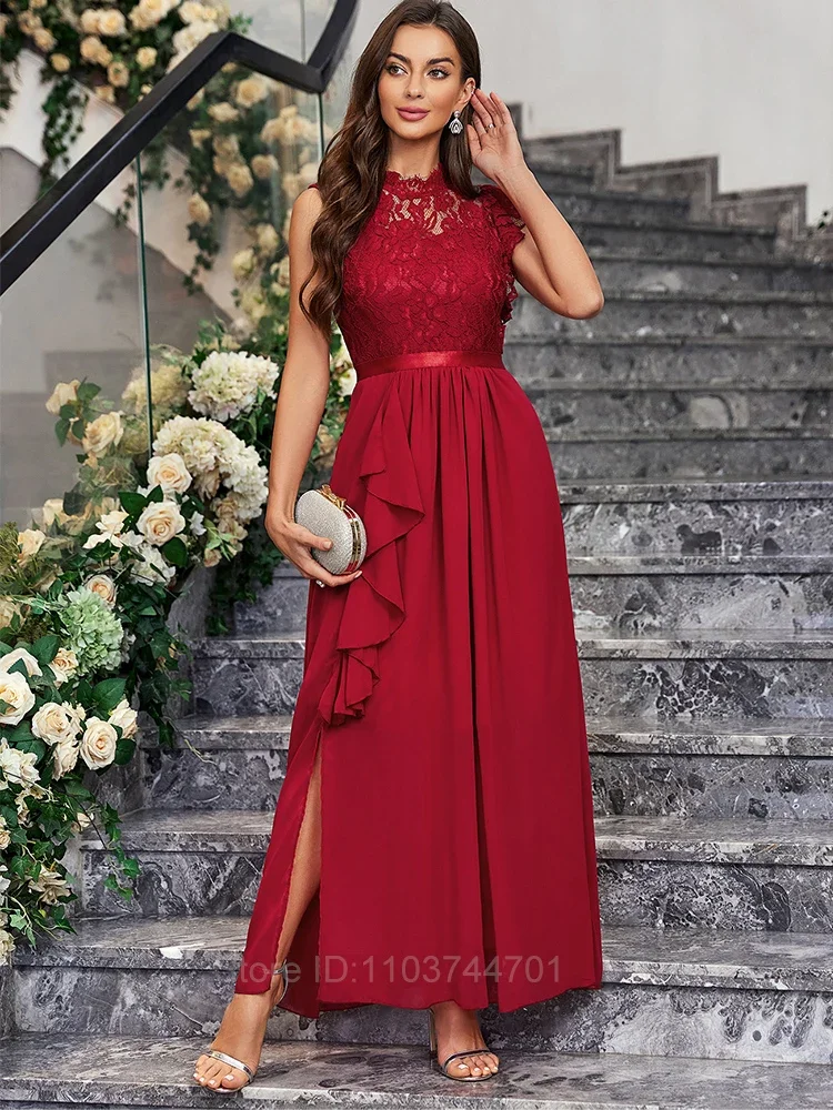 Vestidos de Noche para mujer, vestido largo elegante de cintura alta con cuello redondo, vestido de moda para fiesta y boda, vestido de gasa de encaje empalmado 2024