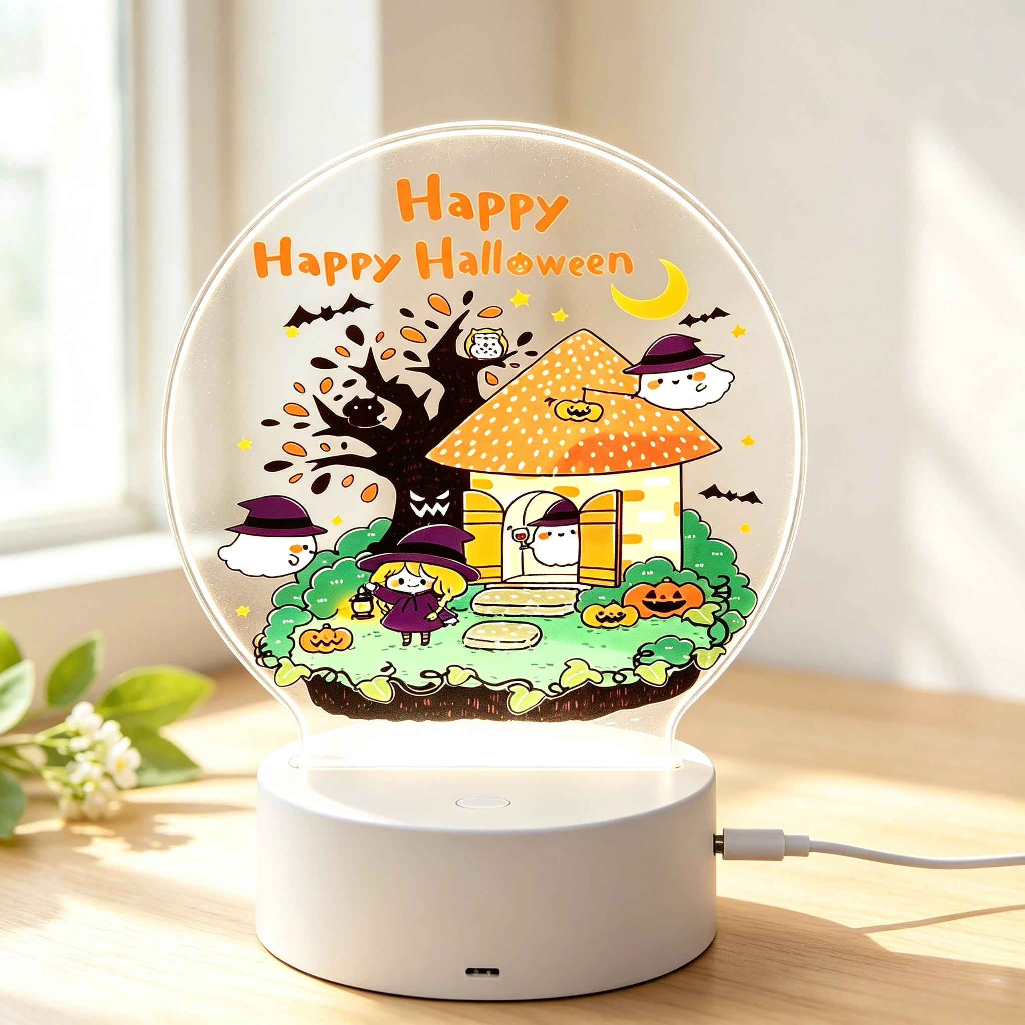 Whimsical Witch & Ghost Nightlight, Warm Glow Halloween Holiday Gift,Cute Spooky Village USB Night‑Light, Moon Bat Pumpkin Desktop Table Decor
