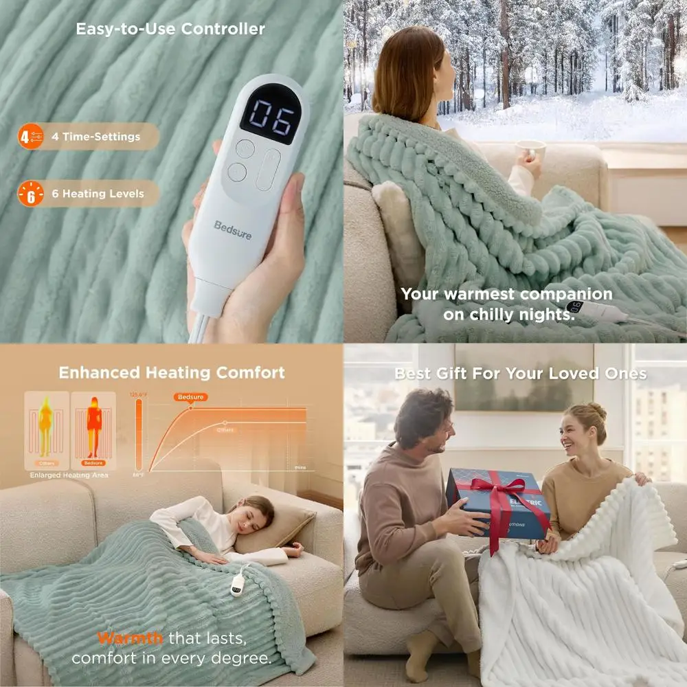 

Фланелевое электрическое одеяло в толстую полоску с 4 таймерами, 6 уровнями нагрева и 3-часовым автоматическим выключением, идеальный подарок для бабушки (50x60