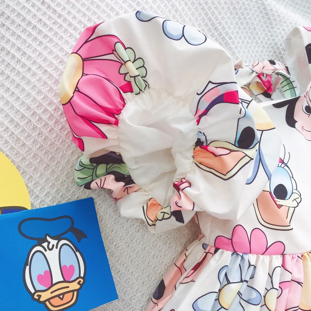 Sweet Mickey Mouse Donald Duck Cartoon Dress for Girls Loose Summer Frock Knee Length Puff Sleeve Floral Robe Kid Casual Clothes