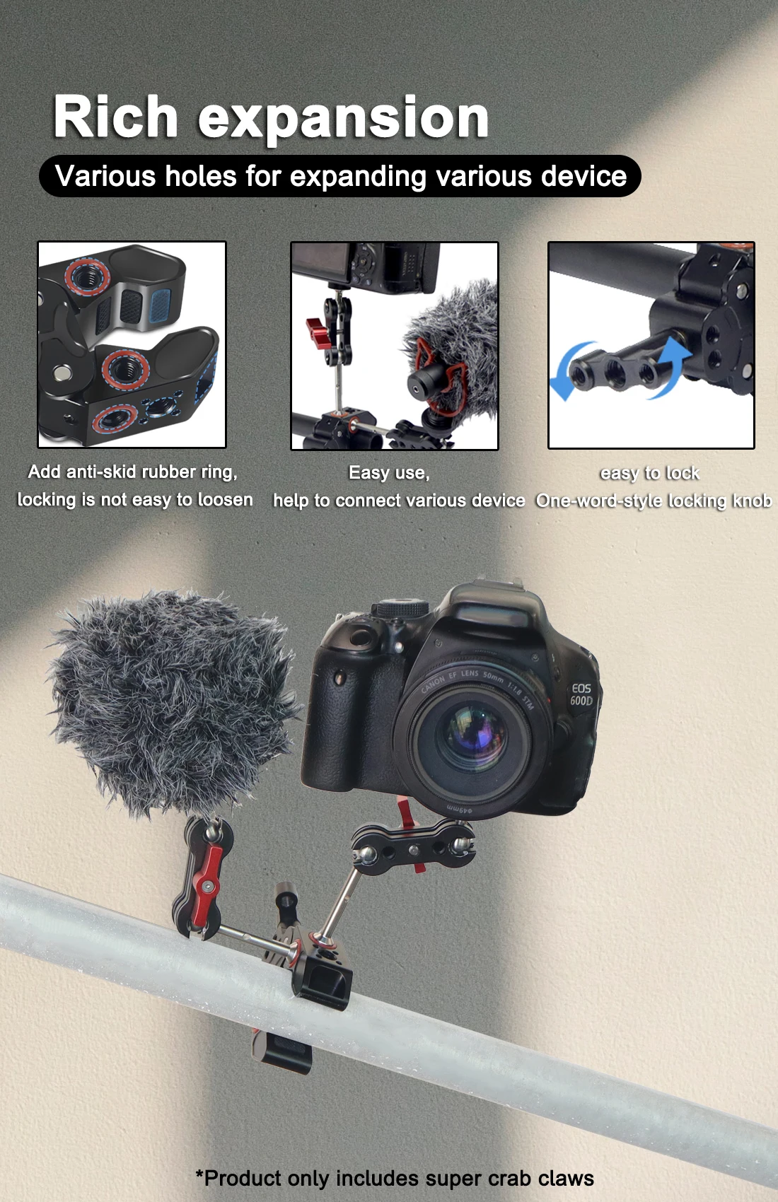 Super Crab Clamp Magie Arm Clip 1/4 3/8 ARRI Loch für Stativ Einbeinstativ Flash Halterung Monitor Arm Kamera Käfig Rig zange 15-40mm – Detail 4