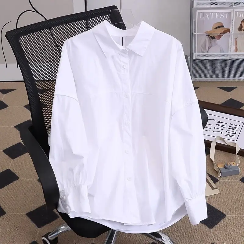 2023 Autumn New In Korean Fashion Off Shoulder Cotton White Shirt Woman Basic Long Sleeve Loose Casual Shirt Button Up Tops