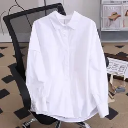 2023 Autumn New In Korean Fashion Off Shoulder Cotton White Shirt Woman Basic Long Sleeve Loose Casual Shirt Button Up Tops