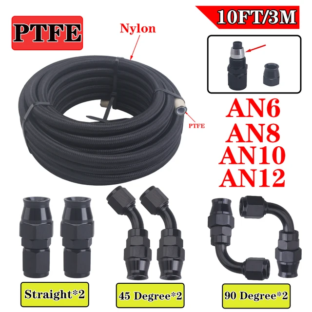 AN4 AN6 AN8 AN10 3m/10ft E85 Nylonowa rura ze stali nierdzewnej w oplocie z czarnego PTFE Zestaw do montażu przewodu paliwowego z 6-częściowymi obrotowymi końcikami wężyków
