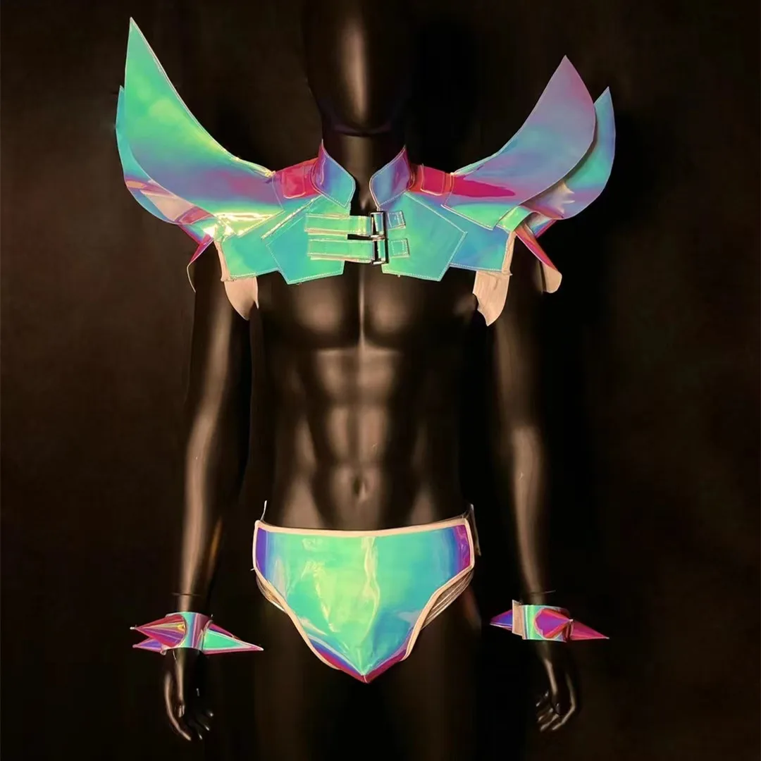 Novelty Laser Fly Shoulder Armor Shorts Dance Performance Clothing DJ Male Dancer Team Nightclub Stage Wear Party Show Costume