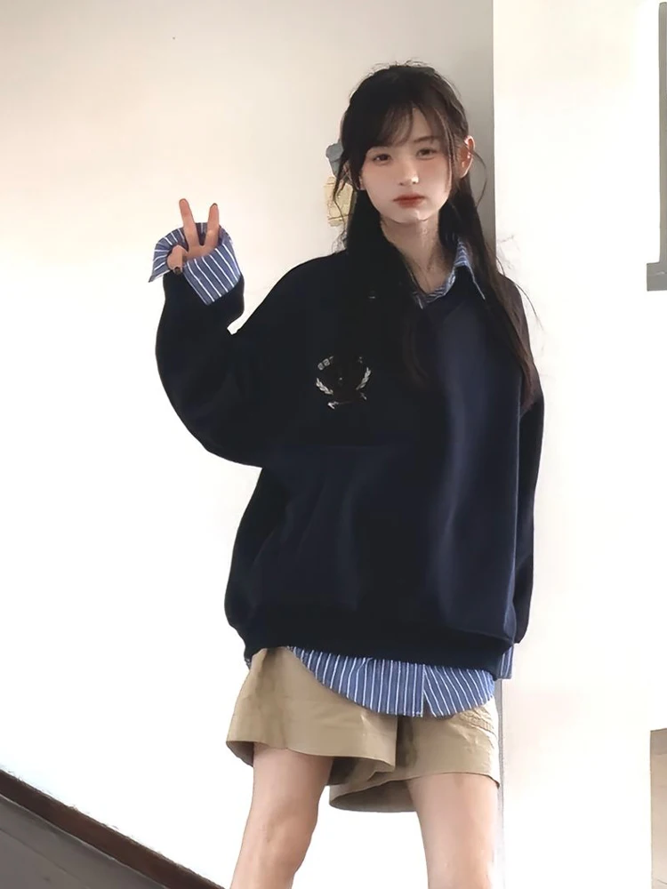 Felpa coreana con colletto lungo Sve da donna Faion College Wind Vintage Top stampato casual vestibilità ampia autunno alla moda