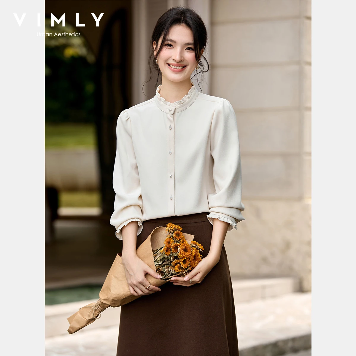 

VIMLY женские французские рубашки 202, осень, винтажная женская блузка с рюшами и воротником-стойкой, повседневные свободные женские топы с длинными рукавами и пуговицами A3128