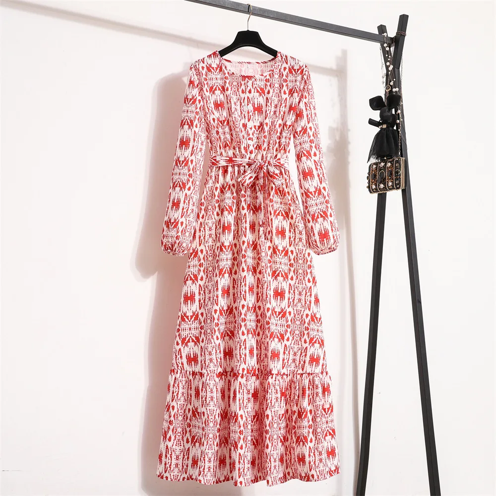 

Women's Long Sleeve Dress Round Neck Button Belt Lace up Spring Summer Pleated Classic Long Dress