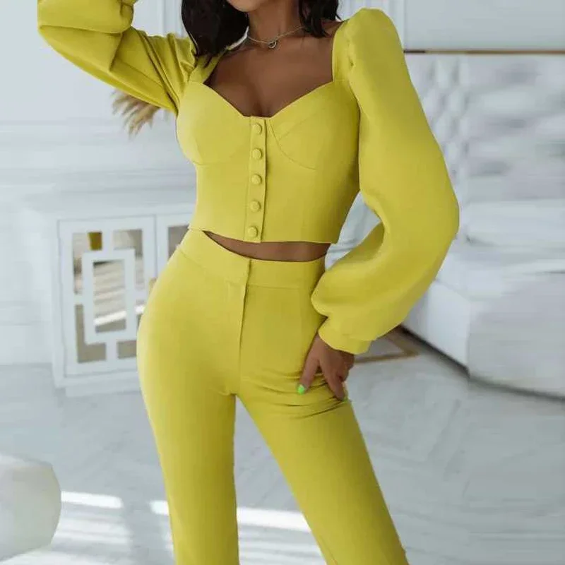 Lady Office Blazer Suits Vintage Two Piece Set Women Long Sleeve Short Blazer + High Waist Wide Leg Long Pants 2 Piece Outfits