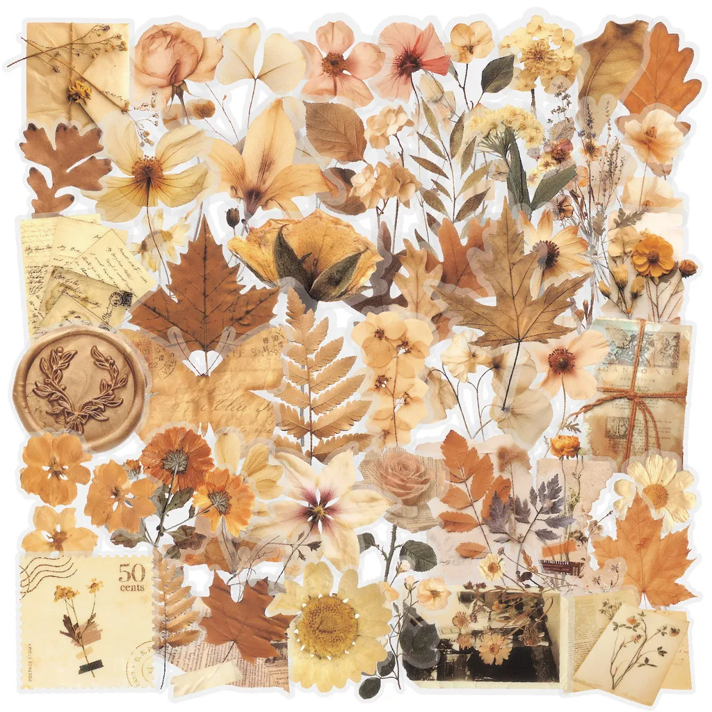 Preserved Foliage Floral Sticker Pack 50PCS Transparent PET Dried Plant Graffiti Stickers for Handmade RecordingYourLife Store
