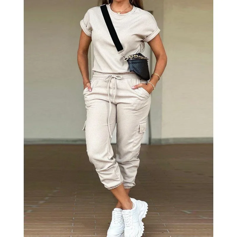 Women Short Sleeve O-Neck T-shirt Top Drawstring Pocket Mid Waist Overalls Suit 2023 Fashion Women Solid Color Loose Sports Suit